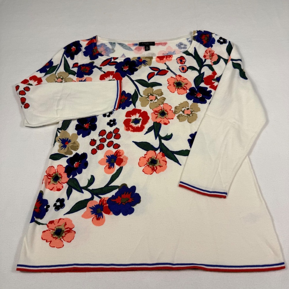 Talbots Sweater SP White w/Red Blue Floral 3/4 Sleev Cotton Blend Garden Grandma